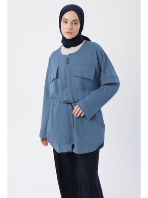 Mavi Belden Büzgülü Cepli Ceket