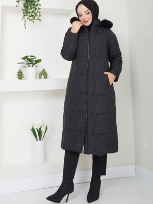 Sişme Kışlık Kaban Elyaf Dolgu Kapüşonlu Kürklü