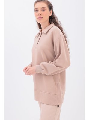 Bej Yanları Fermuarlı Yakalı Sweat Tunik