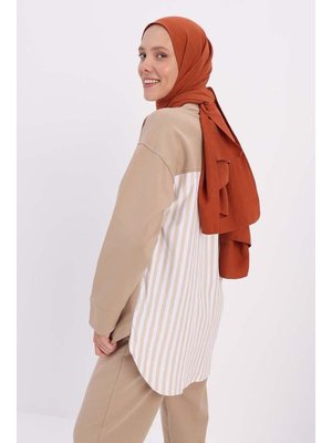 Bej Arkası Garnili Pantolonlu Takım