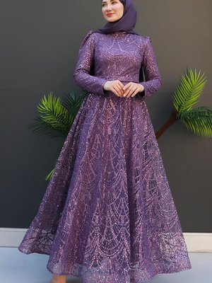 Mira Simli Tül Abiye Elbise Koyu Lila Mira Simli Tül Abiye Elbise Koyu Lila