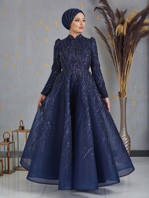 Önü Aplik Detaylı Arkadan Bağcıklı Prenses Abiye Elbise Lacivert