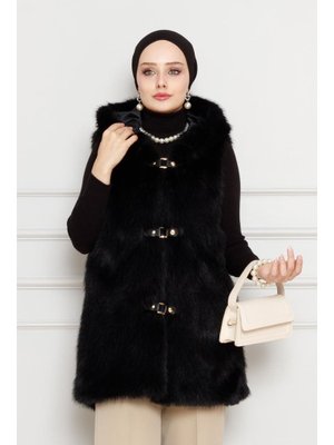 Siyah Kapüşonlu Peluş Kürk Yelek Siyah Kapüşonlu Peluş Kürk Yelek