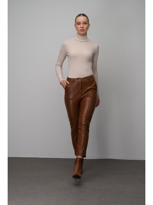 Taba Deri Görünümlü Dikiş Detaylı Skinny Fit Pantolon