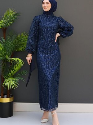 Tül İşleme Kalem Abiye Elbise Lacivert Tül İşleme Kalem Abiye Elbise Lacivert