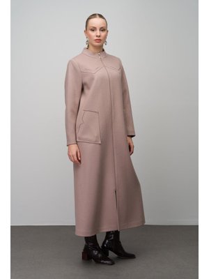 Bej Taş Detaylı Büyük Beden Yün Karışımlı Uzun Kap