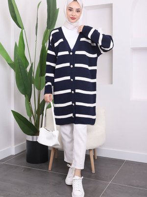 Lacivert Çizgili Gofralı Uzun Triko Hırka