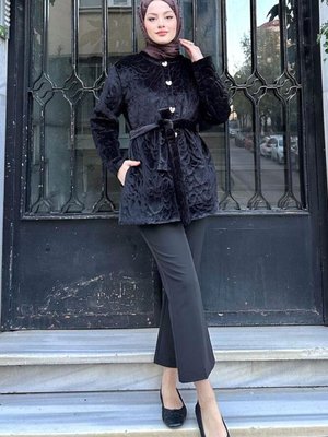 Kalp Desenli Kadife İnce Mont Siyah Kalp Desenli Kadife İnce Mont Siyah