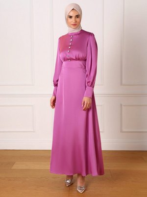 Taş Düğme Detaylı Saten Abiye Elbise Pembe