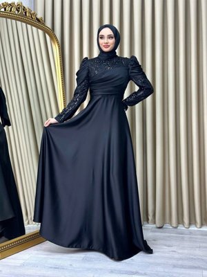 Siyah Tesettur Saten Abiye Elbise
