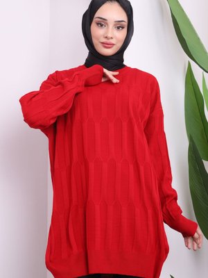 Kırmızı Bisiklet Yaka İnce Merserize Salaş Triko Tunik Kırmızı Bisiklet Yaka İnce Merserize Salaş Triko Tunik