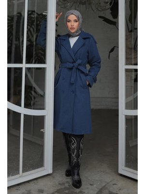 İndigo Apolet Detaylı Kaşe Kaban