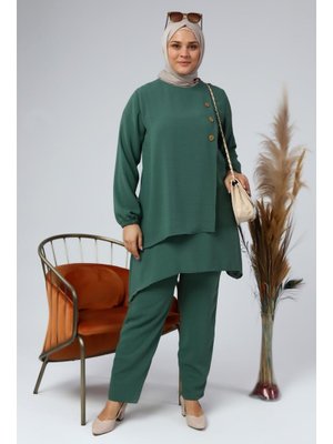 Haki Büyük Beden Düğmeli İkili Tunik Takım