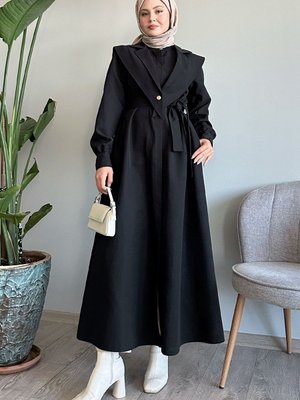 Bolerolu Kemerli Siyah Trençkot