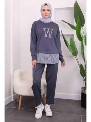 Füme Gömlek Garnili Modal Tunik Pantolonlu Takım