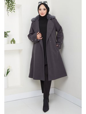 Antrasit Yakası Kürk Detaylı Kaşe Kaban Antrasit Yakası Kürk Detaylı Kaşe Kaban