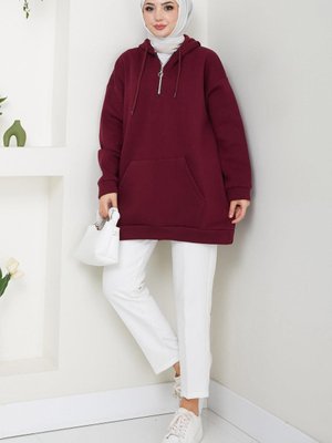 Üç İplik Fermuarlı Kapüşonlu Kanguru Cepli Sweatshirt Tunik Bordo Üç İplik Fermuarlı Kapüşonlu Kanguru Cepli Sweatshirt Tunik Bordo