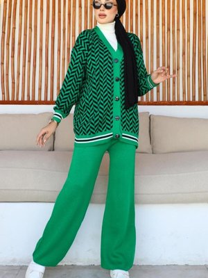 Desenli Triko İkili Takım Yeşil