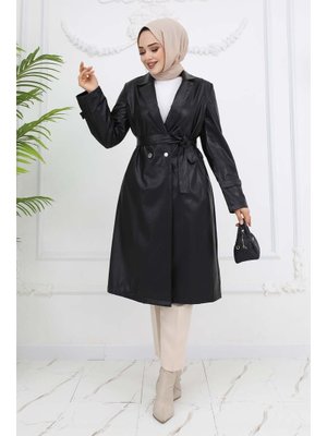 Siyah Deri Trençkot