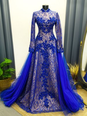 Saks Mavisi Bej Tesettür Güpürlü Nişanlık