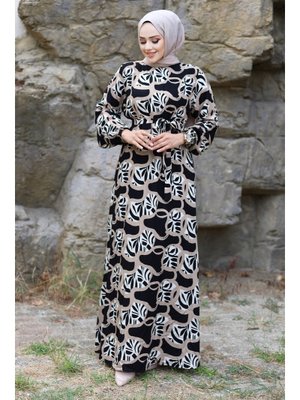 Bej Blok Desenli Beli Kuşaklı Viskon Elbise