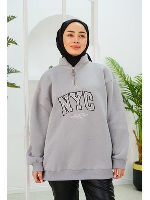 Gri Nyc Baskılı Yarım Fermuarlı Sweat Gri Nyc Baskılı Yarım Fermuarlı Sweat