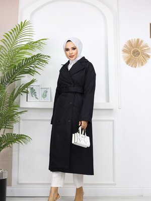 Kruvaze Yaka Uzun Fleto Cepli Trençkot