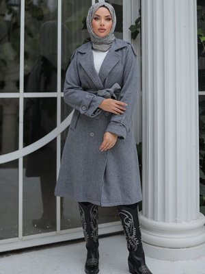 Gri Apolet Detaylı Kaşe Kaban