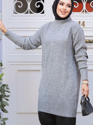 Baklava Desenli Gri Triko Tunik Kazak