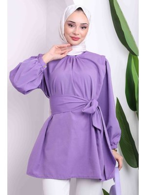 Mor Omuz Detaylı Kuşaklı Tunik