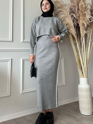 Boydan Biyeli İkili Gri Triko Takım Boydan Biyeli İkili Gri Triko Takım