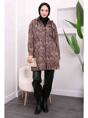 Vizon Bel Büzgülü Kapüşonlu Leopar Trenç