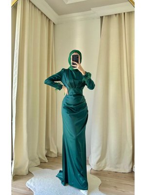 Kolları Püsküllü Kuyruklu Saten Abiye Elbise