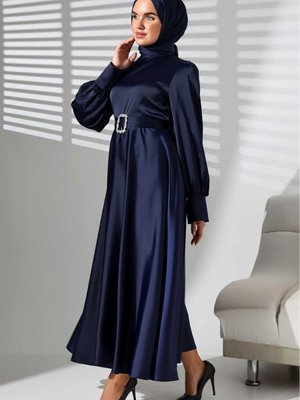 Siyah Saten Kemerli Bellae Elbise