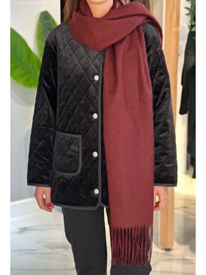 Bordo Püsküllü Buklet Atkı Şal 45x200 Cm 1285