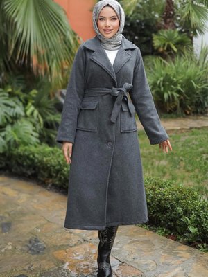 Antrasit Kapak Detaylı Kaşe Kaban