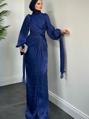 Arietta Önden Burgulu Janjan Abiye Elbise Lacivert