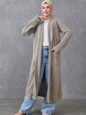 Vizon Triko Kumaş Çift Cepli Şal Yaka Uzun Giyim Hırka