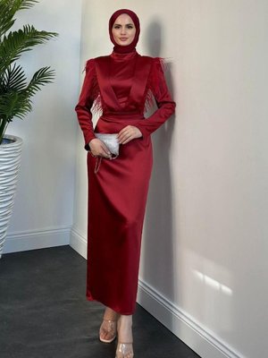 Adorle Kalem Saten Abiye Elbise Bordo