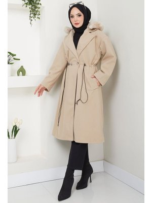 Bej Kapüşonlu Beli Büzgülü Kaşe Kaban Bej Kapüşonlu Beli Büzgülü Kaşe Kaban