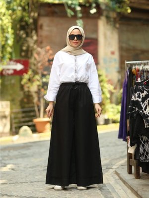 Bol Paça Bel Lastikli Pantolon Siyah