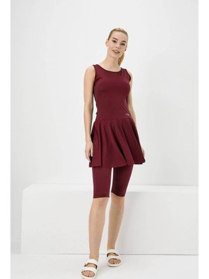 Haşema Etekli Sıfır Kol Bordo Havuz Mayo