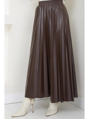 Kahverengi Beli Lastikli Piliseli Deri Etek