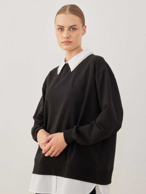 Seyyar Gömlek Yakalı Sweatshırt Siyah