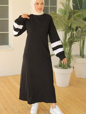 İki İplik Şeritli Balon Kol Elbise Siyah