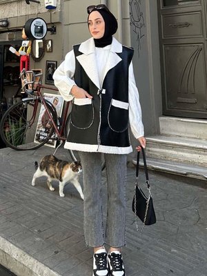 Garnili Içi Kürk Detaylı Deri Yelek Siyah Beyaz