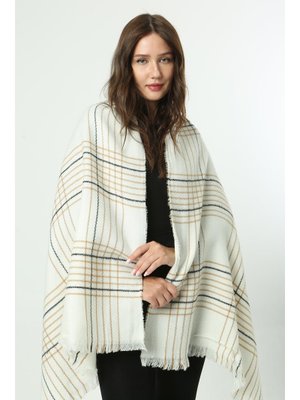 Ekru Kare Desenli Atkı Omuz Şalı 70x180 Cm 1280