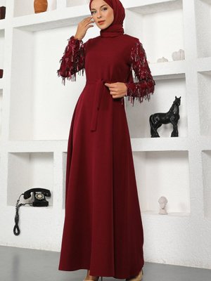 Bordo Saçak Detaylı Abiye Elbise Bordo Saçak Detaylı Abiye Elbise
