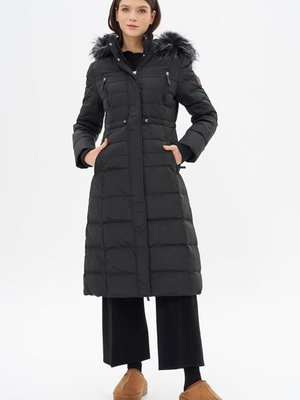 Siyah Kaz Tüyü Dolgulu Bel Büzgülü Mont
