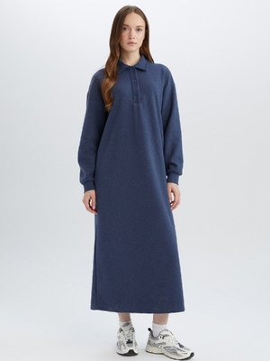 Basic Düz Düğmeli Uzun Kollu Selanik Kumaş Maxi Triko Elbise B7260ax24wn